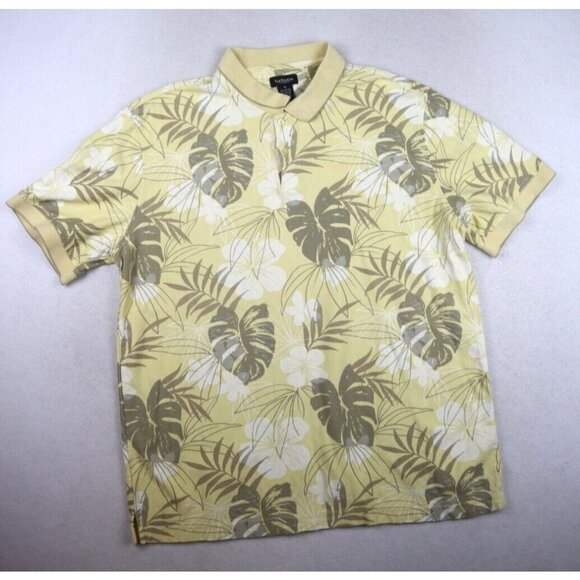 VAN HEUSEN - MEN'S YELLOW HAWAIIAN PALM PRINT SHORT SLEEVE POLO SHIRT - SIZE XL - Picture 1 of 6